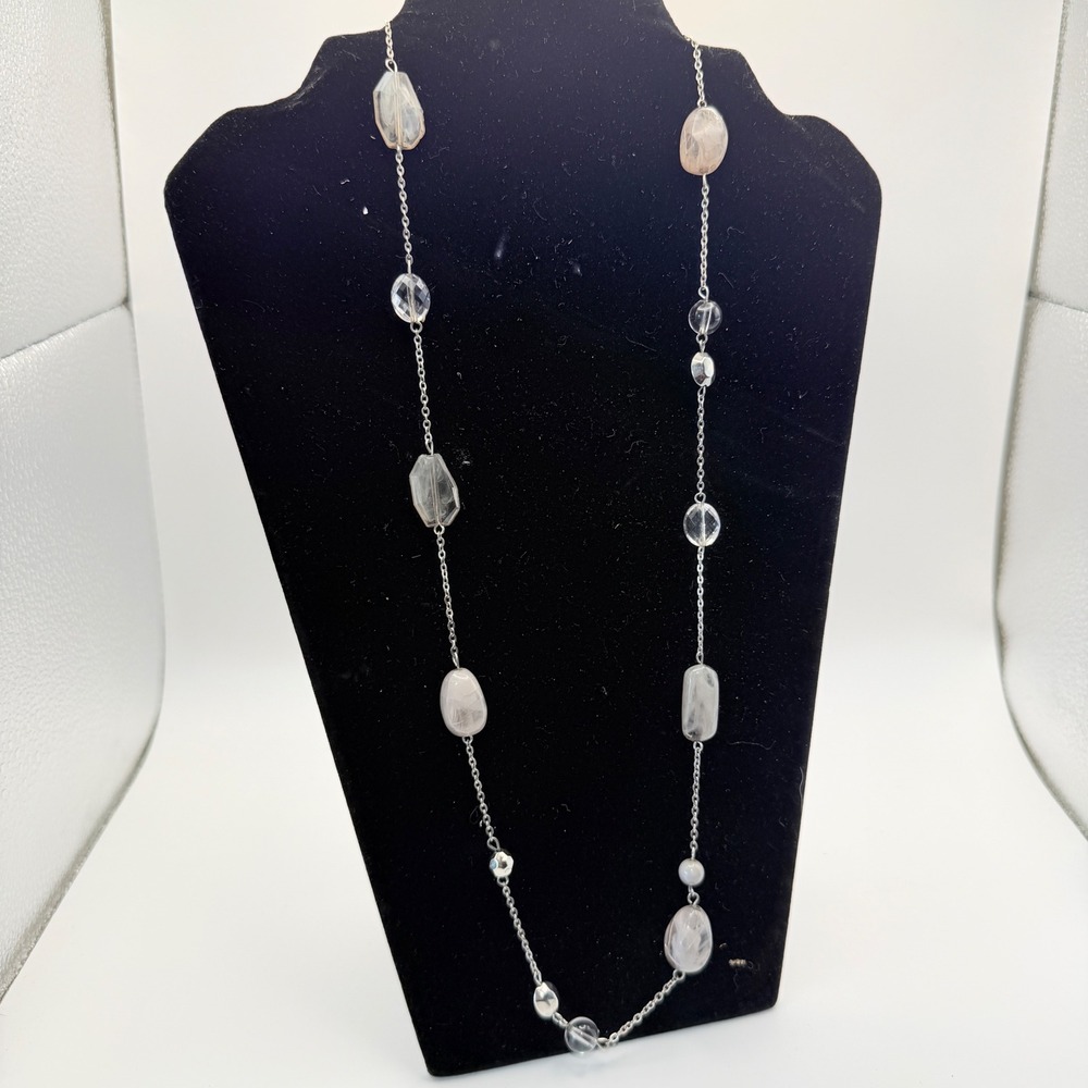 Long Gray Clear Beaded Station Necklace Silver Tone Faceted Statement 24"